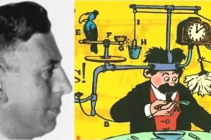 Rube Goldberg; His drawing of a "Self-Operating Napkin"